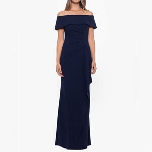 Xscape “Lindsay” Long Scuba Crepe Off the Shoulder Dress Navy Women’s Sz 16